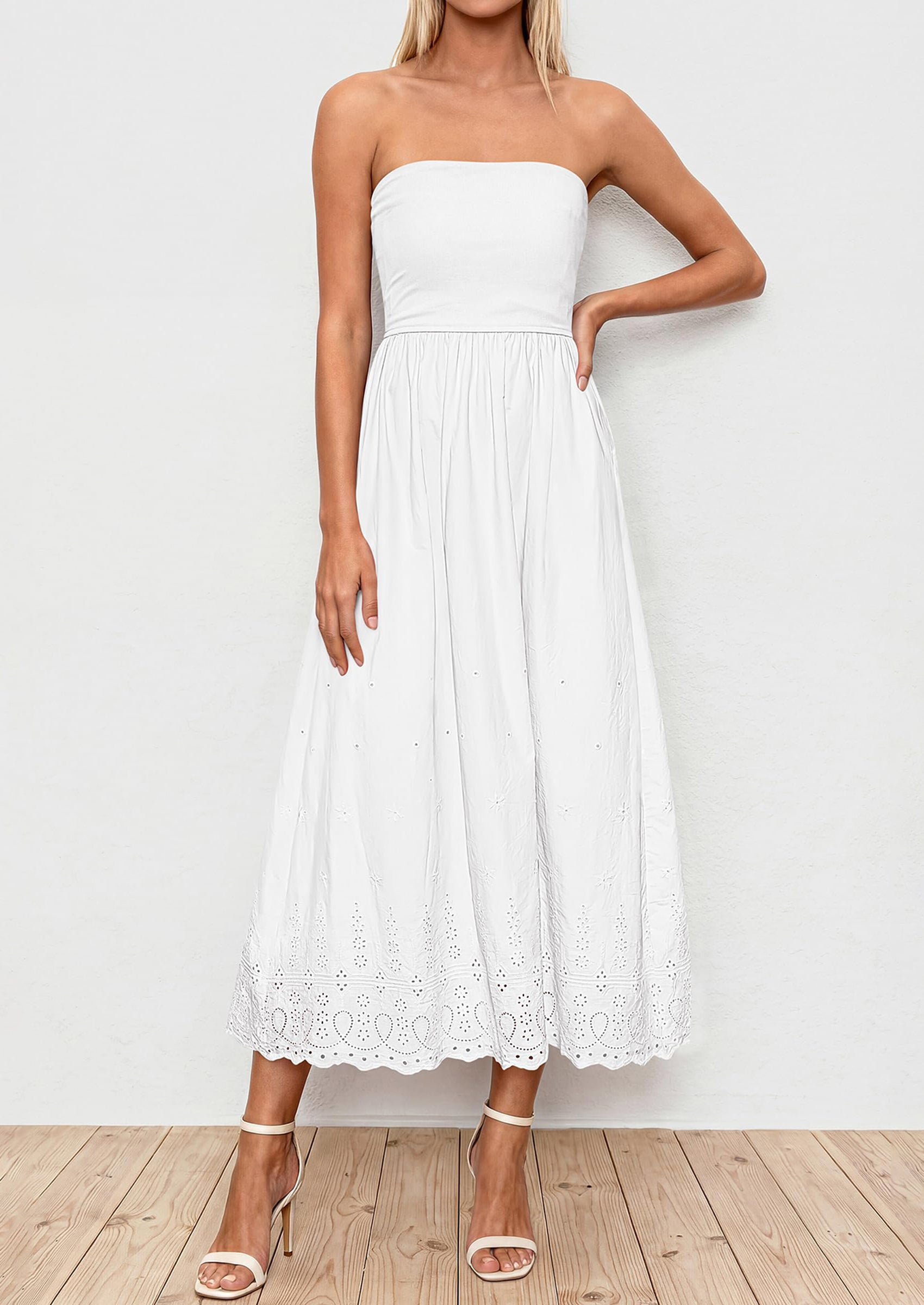 PRETTYGARDEN Womens Summer Dresses Sexy Sleeveless Tube Top Long Dress Eyelet Cotton Maxi Beach Sundress Pockets