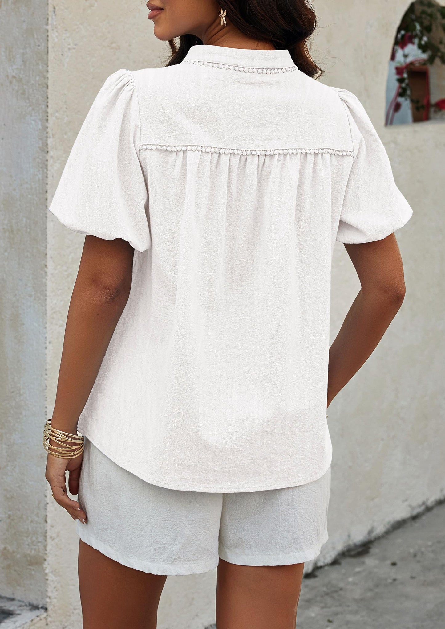 Womens Casual Summer Tops V Neck Short Puff Sleeve Pleated Cotton T Shirts Loose Dressy Blouses