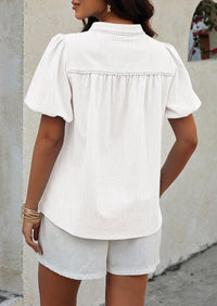 Womens Casual Summer V Neck Short Puff Sleeve Pleated Cotton Loose Dressy Blouses