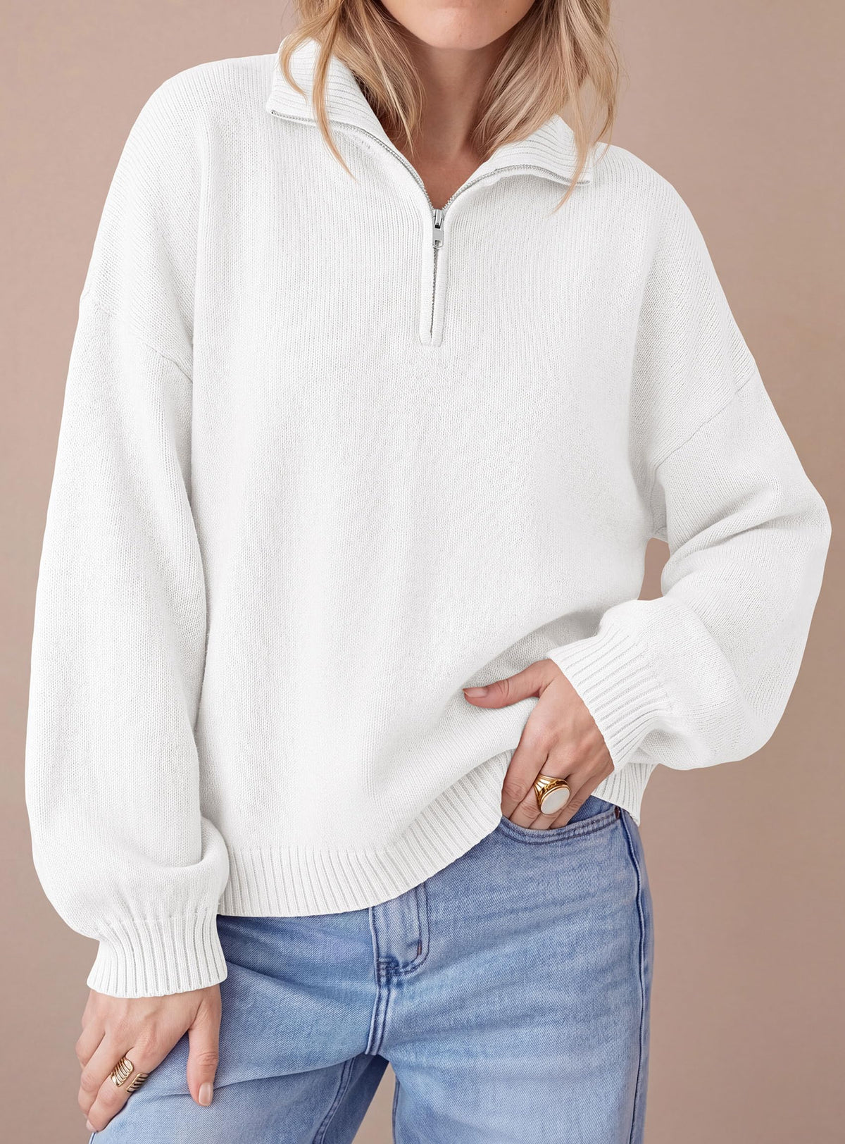 PRETTYGARDEN Women's Quarter Zip Pullover Oversized Sweaters | Collared Neck, Long Balloon Sleeve, Jumper Tops, Soft Cozy Knit, Ribbed Hem, Loose Fit, Fall Outfits, Winter Fashion Clothing