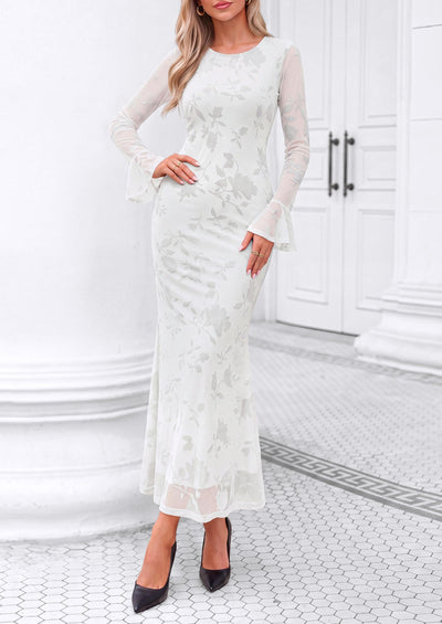 PRETTYGARDEN Women's Long Sleeve Maxi Floral Mesh Fall Wedding Guest Dress