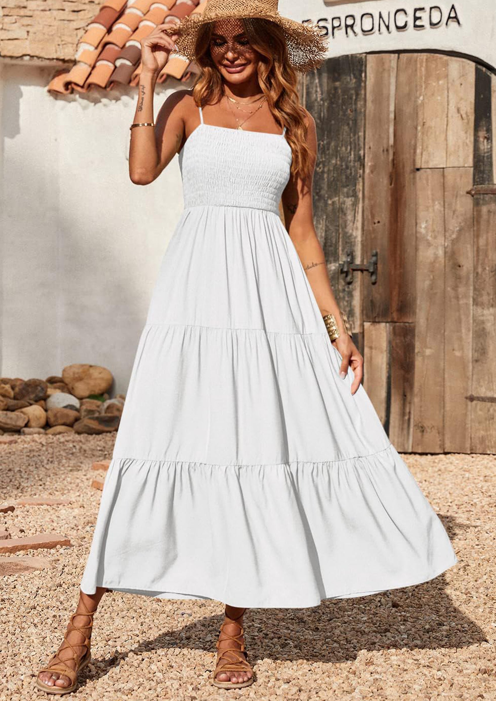 PRETTYGARDEN Women's Summer Maxi Dress Casual Boho Sleeveless Spaghetti Strap Smocked Tiered Long Beach Sundresses PRETTYGARDEN