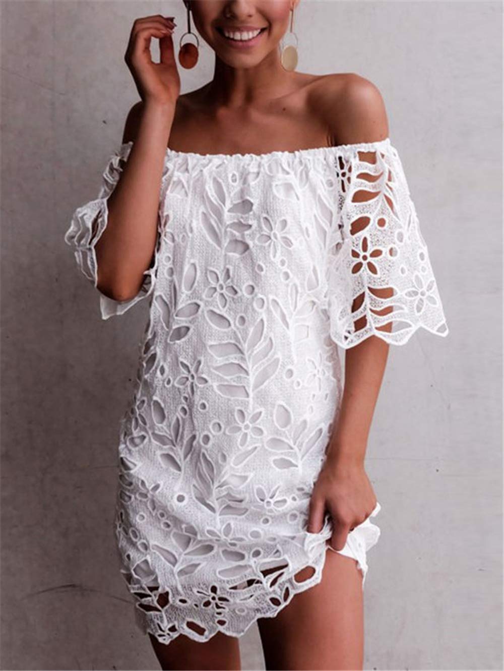 Women's Summer Off Shoulder Vintage Floral Lace Flare Short Sleeve Loose Elegant Mini Dress