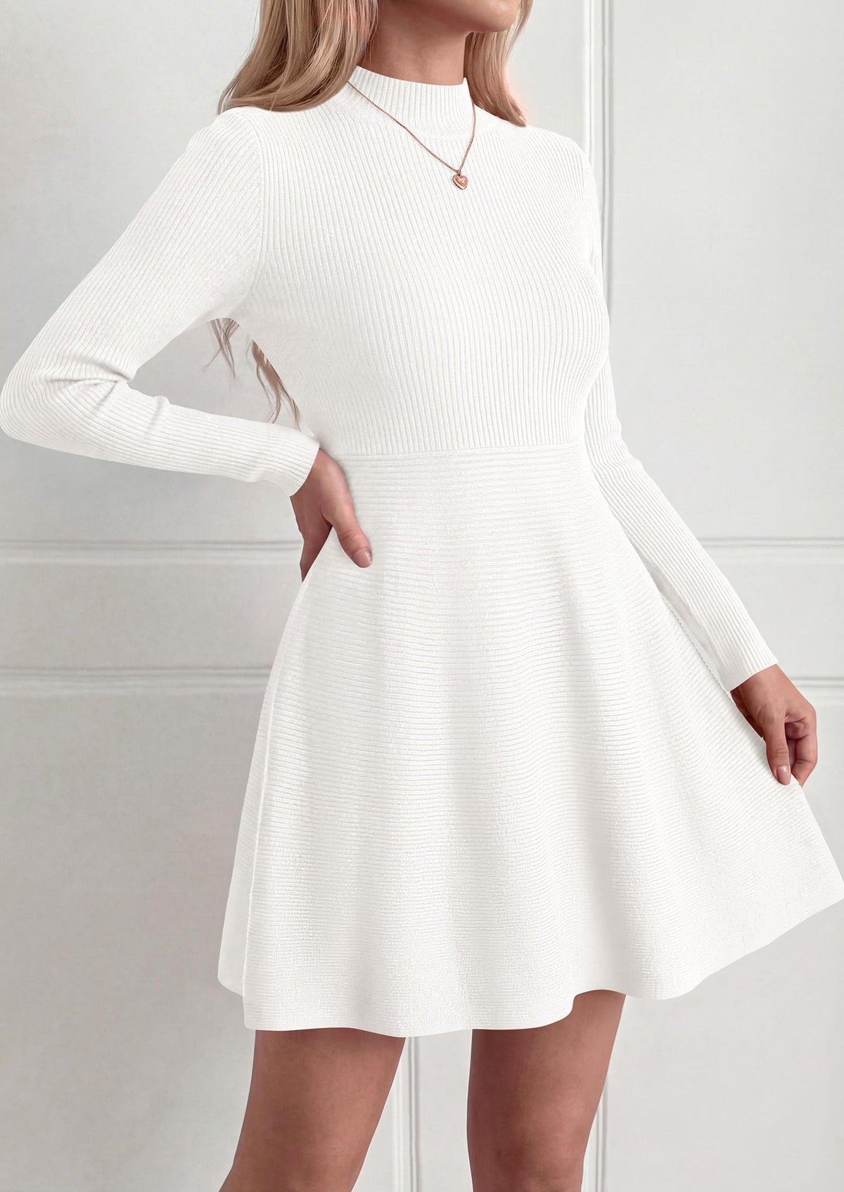 PRETTYGARDEN Womens Mock Neck Long Sleeve Sweater Mini Dress | Soft Ribbed Knit Flared A‑Line, Elegant Fall Winter Dresses for Wedding Guest, Cocktail & Holiday Party Casual Outfits