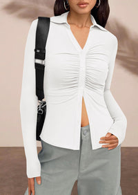 PRETTYGARDEN Womens Button Down Shirts V Neck Collared Ruched Slim Fit Long Sleeve Shirt Casual Fall Fashion Ladies Tops PRETTYGARDEN