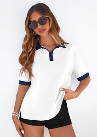 PRETTYGARDEN Summer Short Sleeve Polo Shirts for Women Collared V Neck Work Dressy Tops Knit Loose Business Casual Outfits PRETTYGARDEN