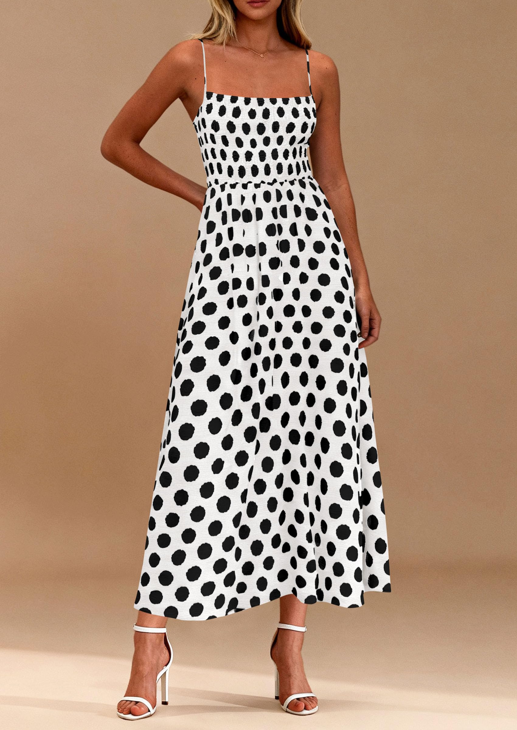 PRETTYGARDEN Womens Summer Dresses Spring Sleeveless Spaghetti Straps Casual Midi Dress Polka Dot Smocked Beach Sundress PRETTYGARDEN