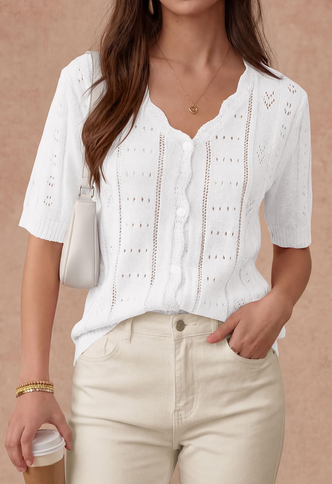 PRETTYGARDEN Womens Short Sleeve Crochet Knit Sweater Spring Fashion Button Down Lightweight Cardigans Summer Tops PRETTYGARDEN