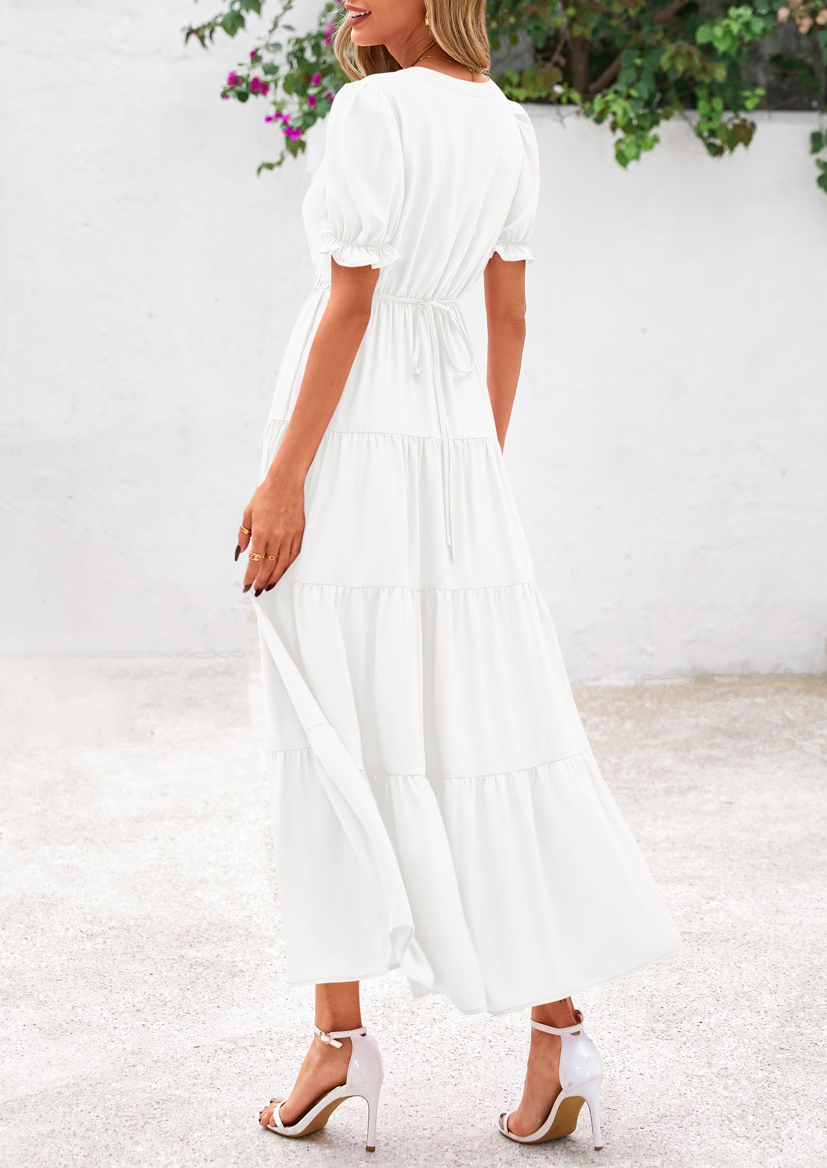 PRETTYGARDEN Women's Casual Short Sleeve V Neck Midi Dresses Spring A-line Tiered Wedding Guest Dress