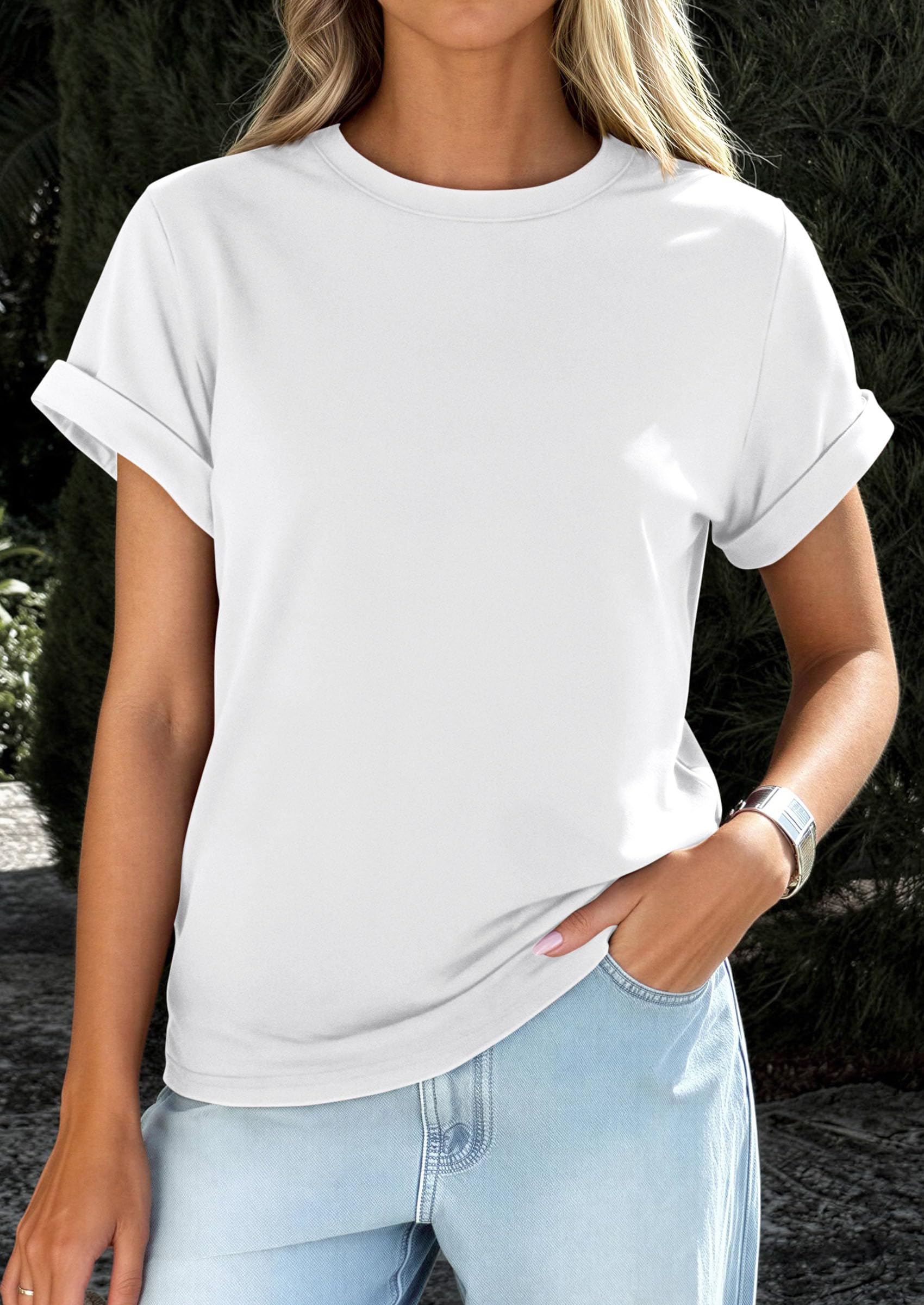 PRETTYGARDEN Womens Summer Tops Spring Casual Rolled Short Sleeve Basic Tees Crew Neck Work Shirts Fashion Clothing PRETTYGARDEN