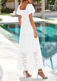 PRETTYGARDEN Dresses for Women Eyelet Square Neck Puff Sleeve Smocked Wedding Guest Maxi Dress with Pockets