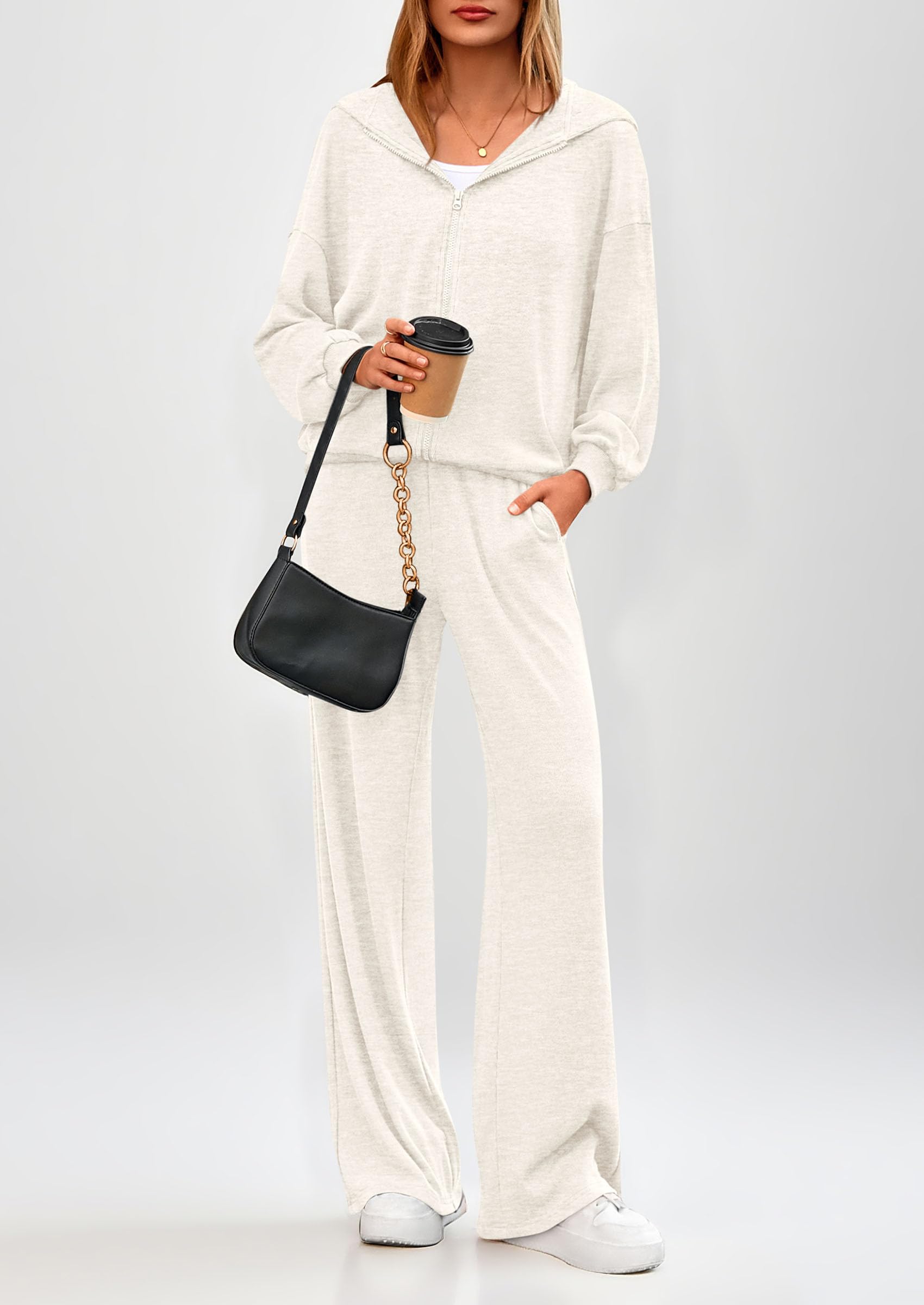 PRETTYGARDEN Women's 2 Piece Fall Lounge Sets Zip Up Hoodie Wide Leg Pants Tracksuit Matching Travel Outfits Clothes