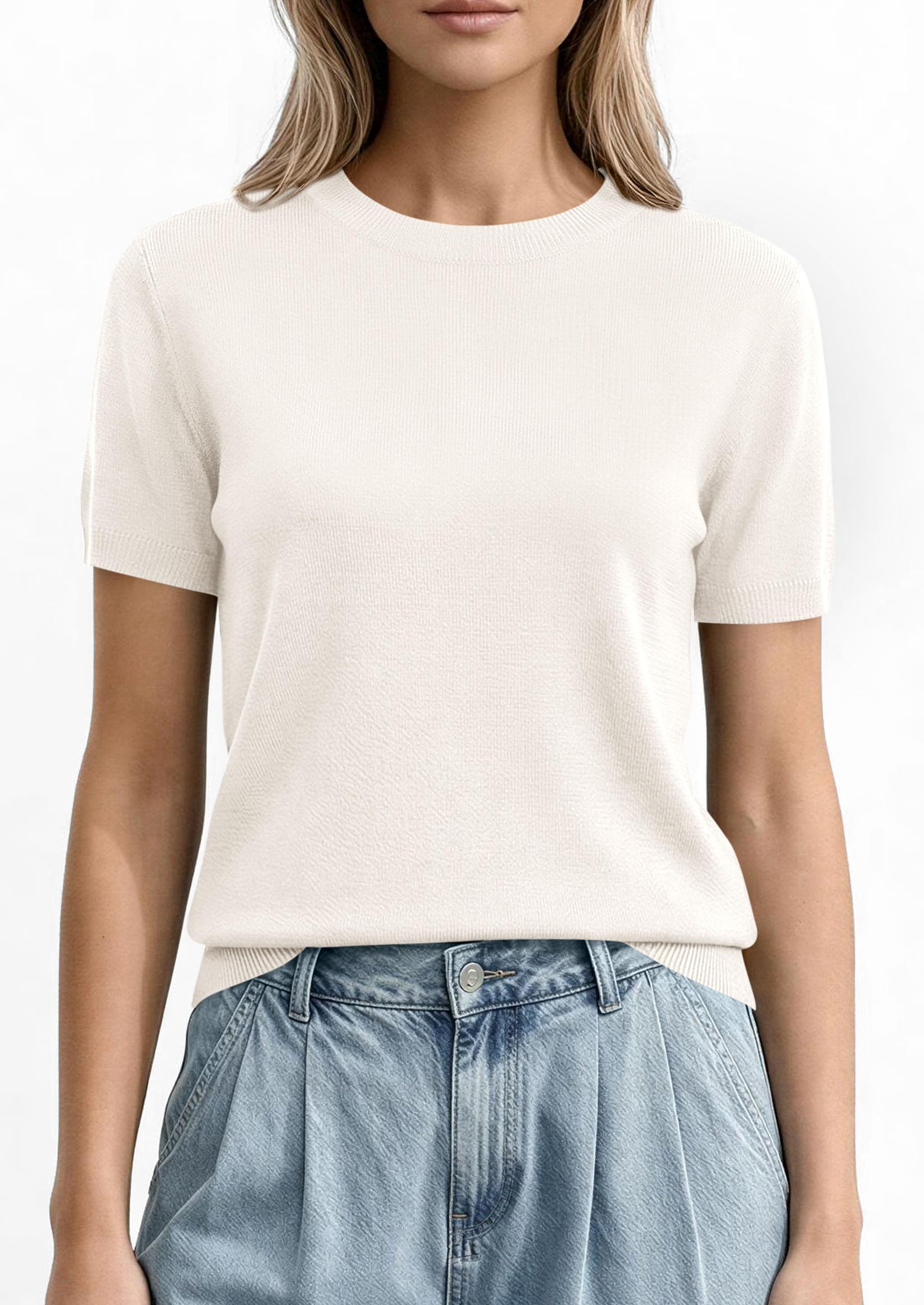 PRETTYGARDEN Women's Short Sleeve Sweaters Spring Crew Neck Knit Work Shirts Business Casual Tops Summer Fashion Clothes PRETTYGARDEN