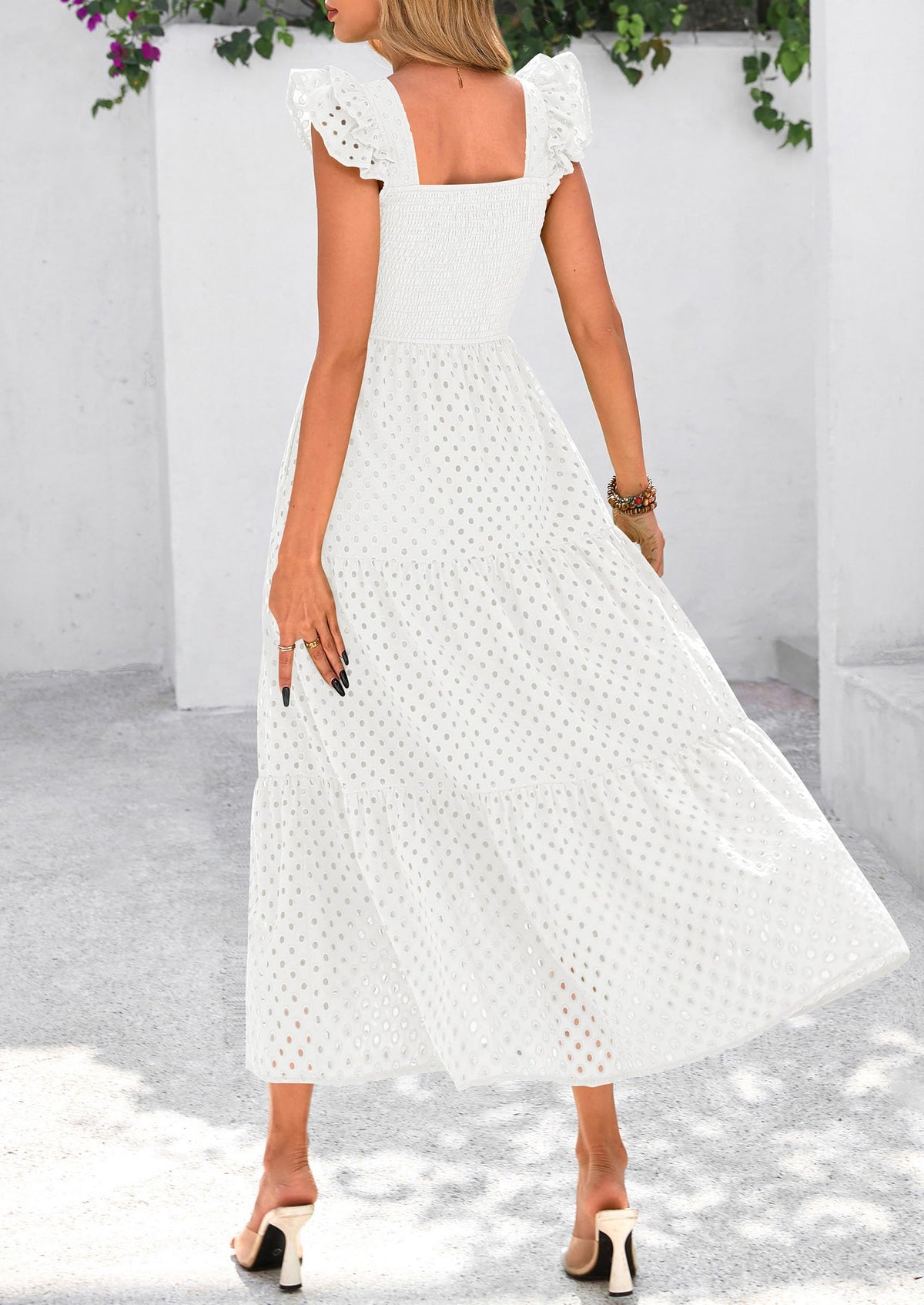 Womens Summer Square Neck Maxi Dresses Cap Sleeve Eyelet Smocked Tiered A Line Flowy Long Dress with Pockets