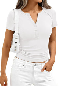 PRETTYGARDEN Womens Summer Short Sleeve Tops 2026 Spring Casual V Neck Henley Button Up T Shirts Dressy Ribbed Knit Blouses PRETTYGARDEN