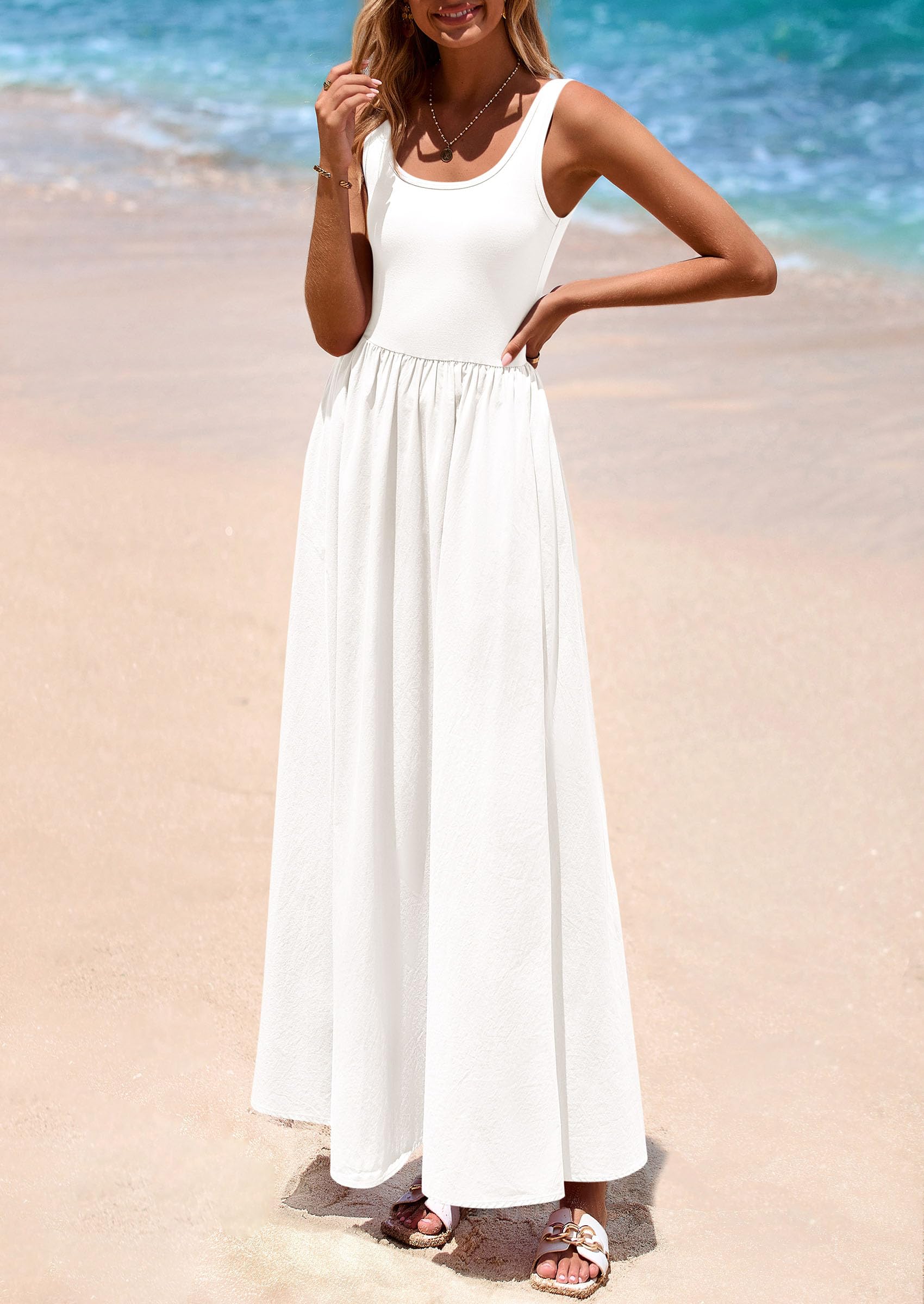 PRETTYGARDEN Womens Summer Casual Scoop Neck Sleeveless Long Dresses Tank Top Patchwork Aline Swing Maxi Dress with Pockets