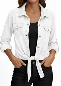 PRETTYGARDEN Womens Denim Shirts Collared Long Sleeve Button Down Shirt Women Tie Front Cardigans Summer Crop Tops Blouses