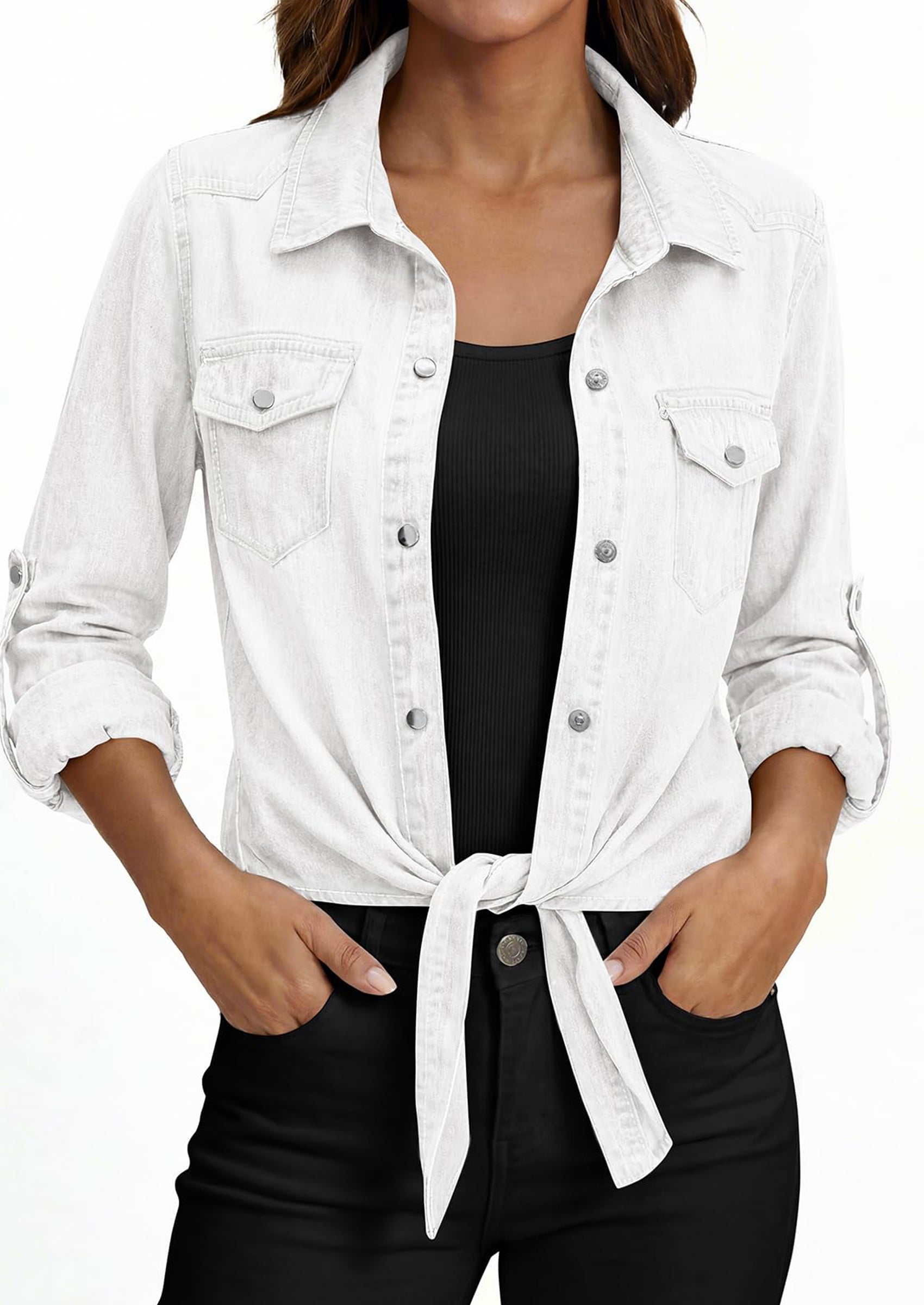 PRETTYGARDEN Womens Denim Shirts Collared Long Sleeve Button Down Shirt Women Tie Front Cardigans Summer Crop Tops Blouses