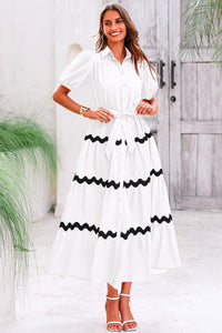 Summer Maxi Button Down Puff Short Sleeve Ruffle Long Flowy Shirt Dresses With Belt