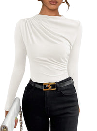 Womens Y2K Going Out Crop Tops Long Sleeve Mock Neck Ruched Slim Fitted Basic Trendy Casual Blouse