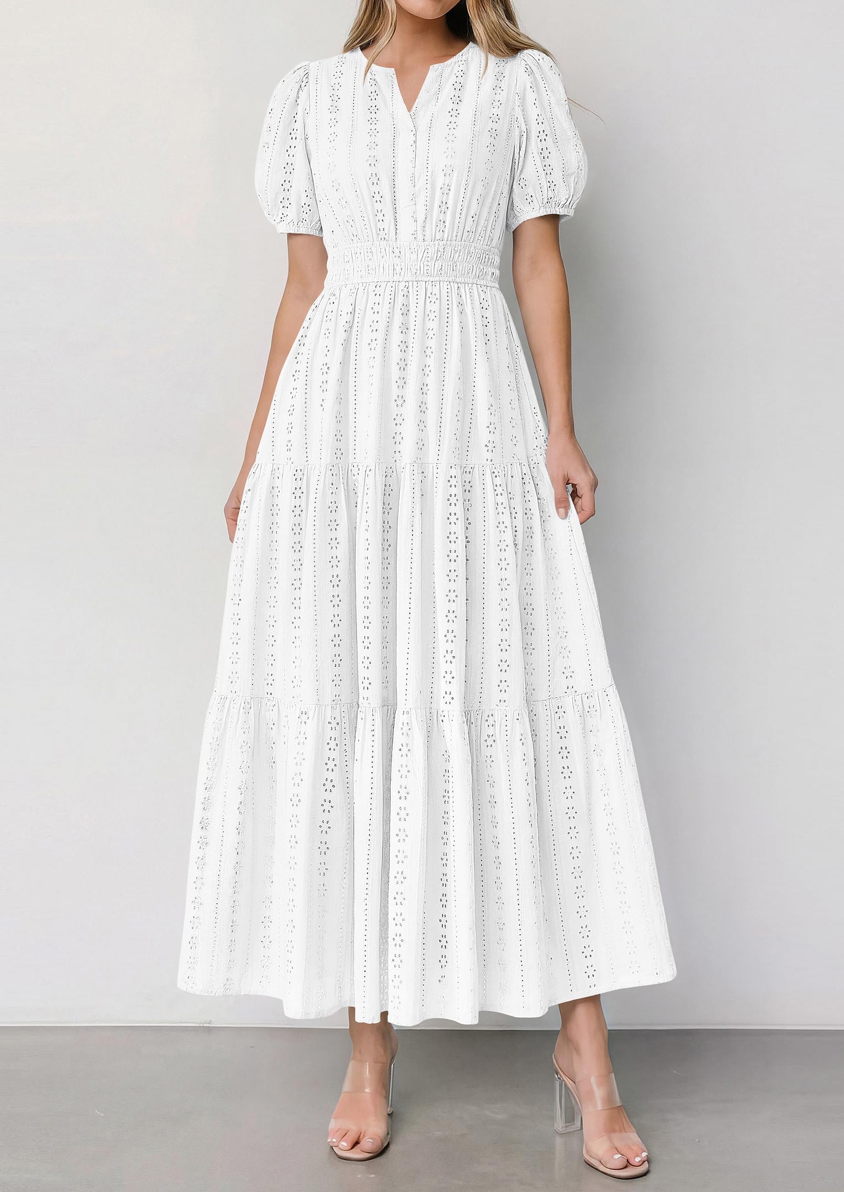 PRETTYGARDEN Womens Summer Maxi Dresses Casual Puff Sleeve V Neck Smocked Flowy Eyelet Cotton Dress Spring Sundress PRETTYGARDEN