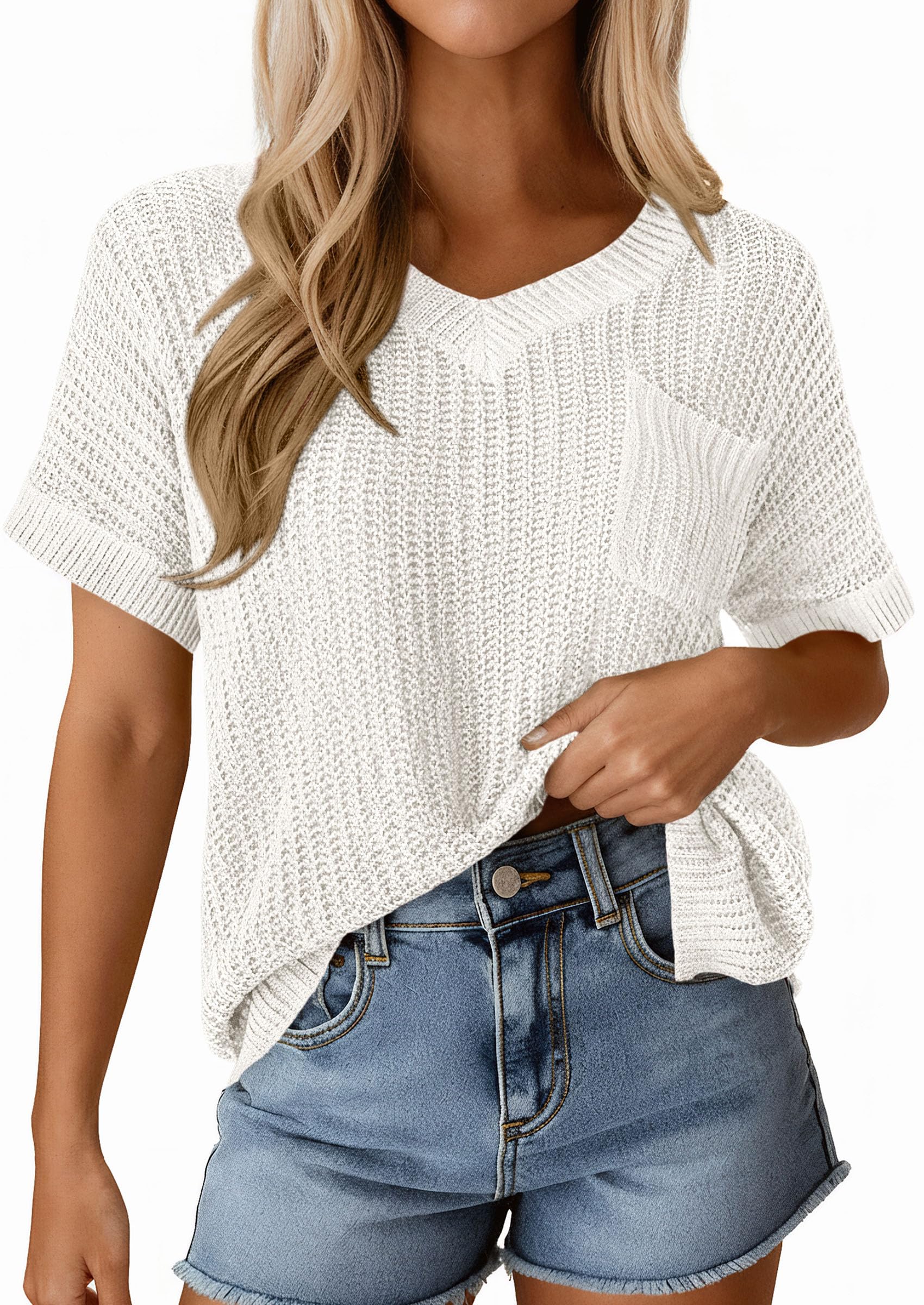 PRETTYGARDEN Women's Spring Short Sleeve Sweaters Lightweight V Neck Casual Going Out Summer T PRETTYGARDEN