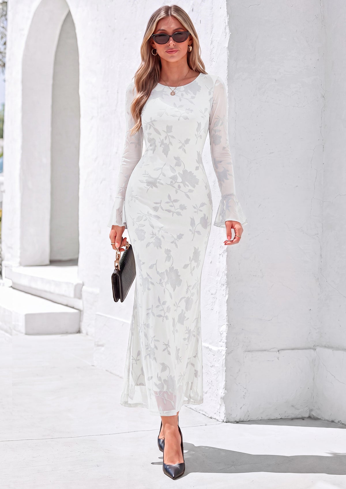PRETTYGARDEN Women's Long Sleeve Maxi Floral Mesh Fall Wedding Guest Dress