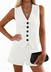 PRETTYGARDEN 2 Piece Sets for Women Spring Fashion Button Vest Tops High Waist Shorts Summer Business Casual Outfits PRETTYGARDEN