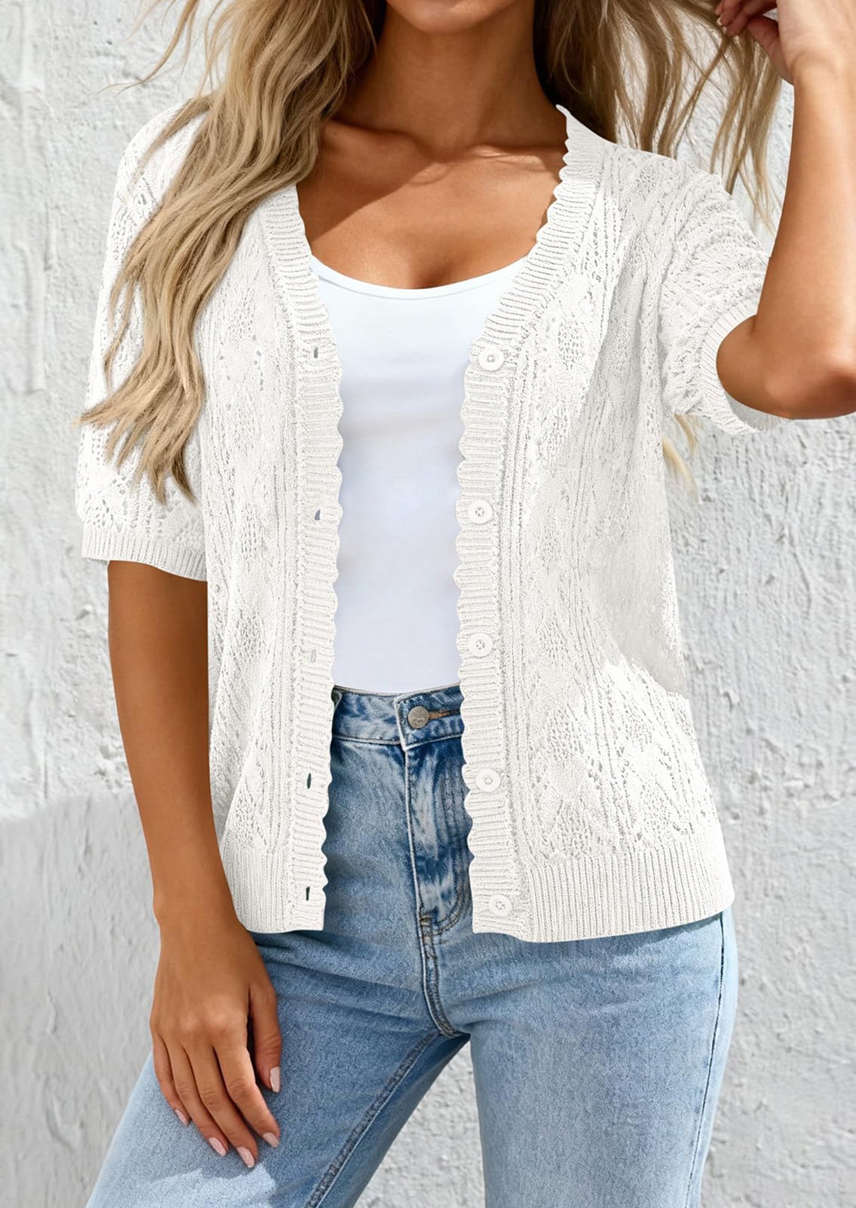 PRETTYGARDEN Short Sleeve Crochet Knit Summer Cardigans for Women Lightweight Button Down Hollow Out Sweater Beach Cover Up PRETTYGARDEN