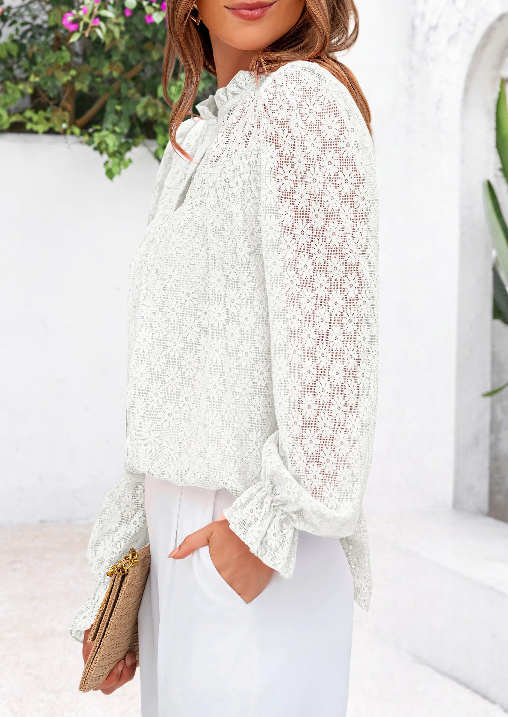 PRETTYGARDEN Lace Long Sleeve Tops for Women Eyelet Blouses Dressy Casual Hollow Out Button Down Shirts Summer Outfits