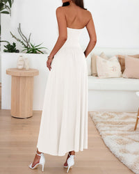 BTFBM Summer Maxi Dresses for Women Strapless Ruched Tube Top Beach Vacation Spring Wedding Guest Dress Pockets PRETTYGARDEN