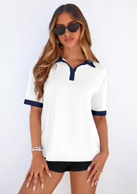 PRETTYGARDEN Summer Short Sleeve Polo Shirts for Women Collared V Neck Work Dressy Tops Knit Loose Business Casual Outfits PRETTYGARDEN