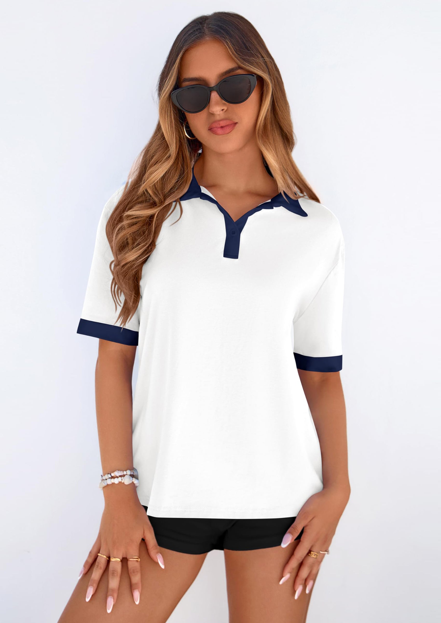 PRETTYGARDEN Summer Short Sleeve Polo Shirts for Women Collared V Neck Work Dressy Tops Knit Loose Business Casual Outfits PRETTYGARDEN