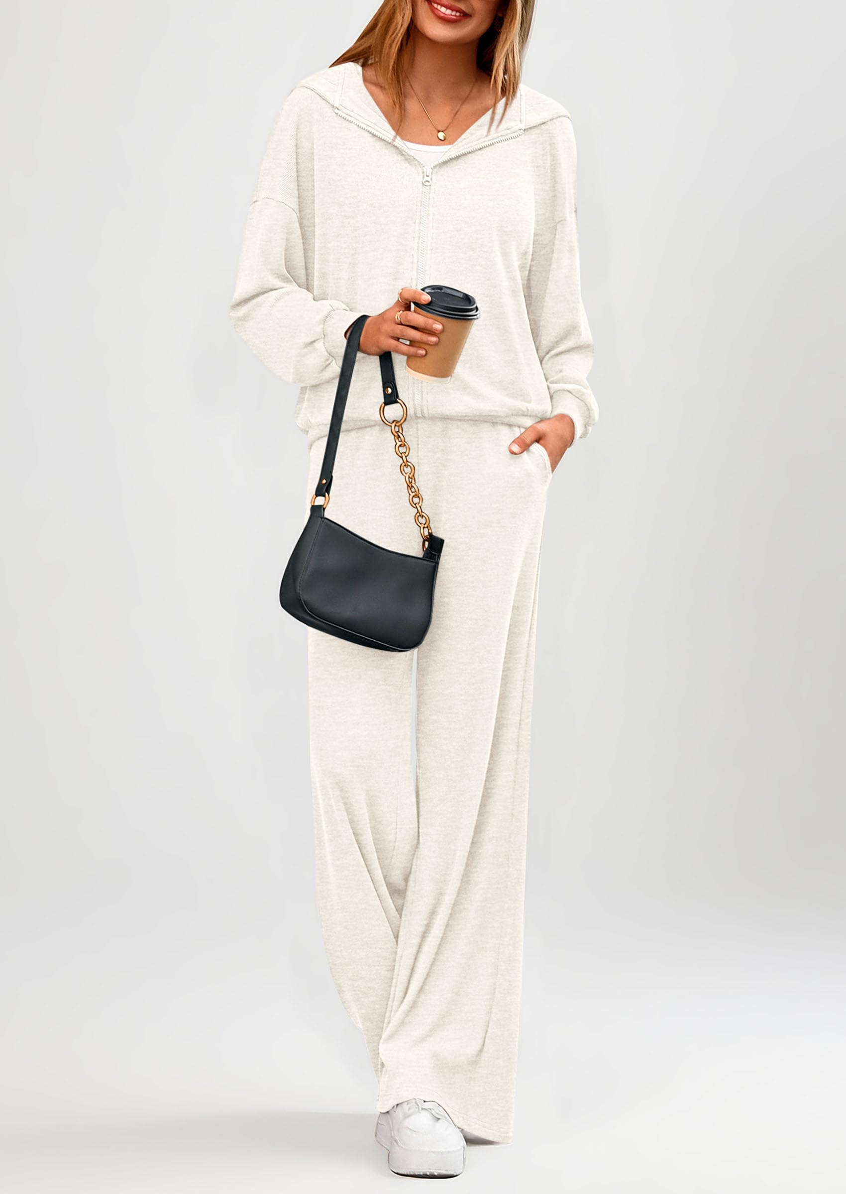 PRETTYGARDEN Women's 2 Piece Fall Lounge Sets Zip Up Hoodie Wide Leg Pants Tracksuit Matching Travel Outfits Clothes