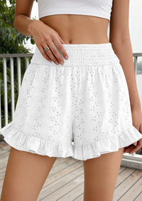 PRETTYGARDEN Summer Shorts for Women Boho Elastic Waist Ruffle Casual Hollow Out Embroidered Beach Bottoms with Pockets PRETTYGARDEN
