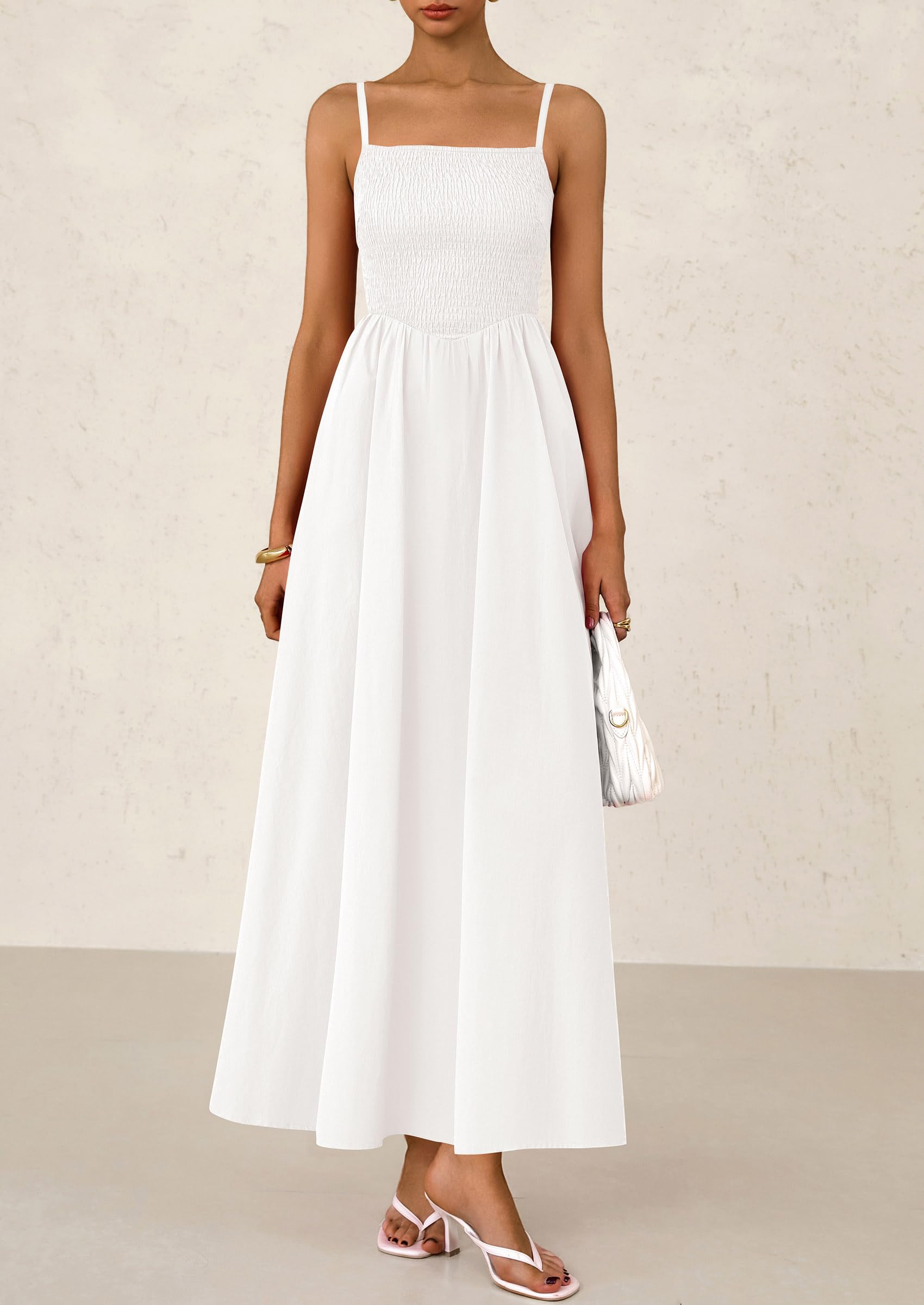 PRETTYGARDEN Women's Smocked Maxi Dresses Beach Sundress Casual Spaghetti Strap Swing A Line Long Flowy Dress