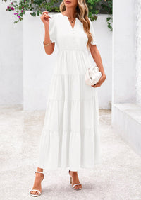 Women's Casual Summer Maxi Dress 2025 Spring Short Sleeve V Neck Tiered Flowy Beach Vacation Dress with Pockets