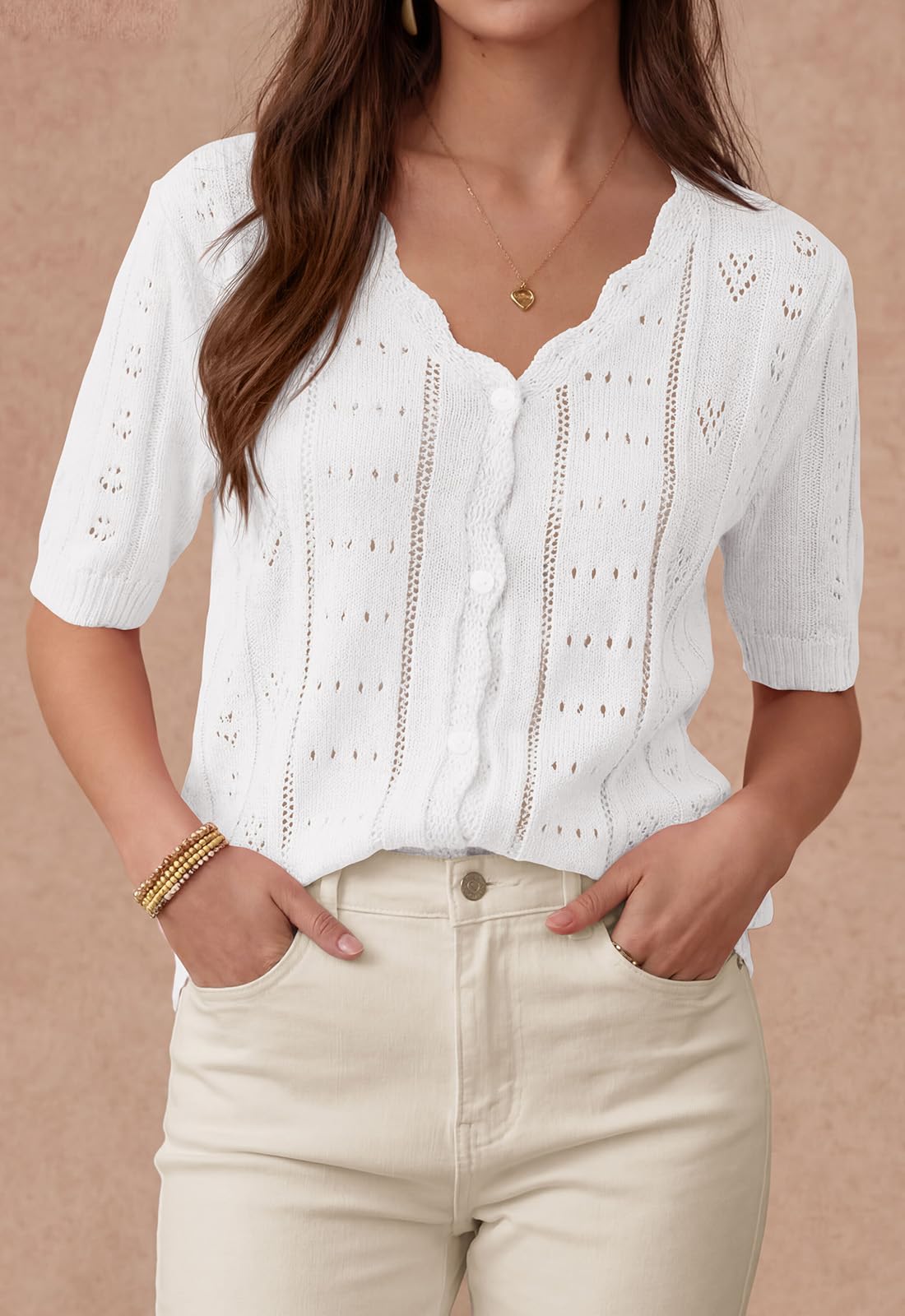 PRETTYGARDEN Womens Short Sleeve Crochet Knit Sweater Spring Fashion Button Down Lightweight Cardigans Summer Tops PRETTYGARDEN