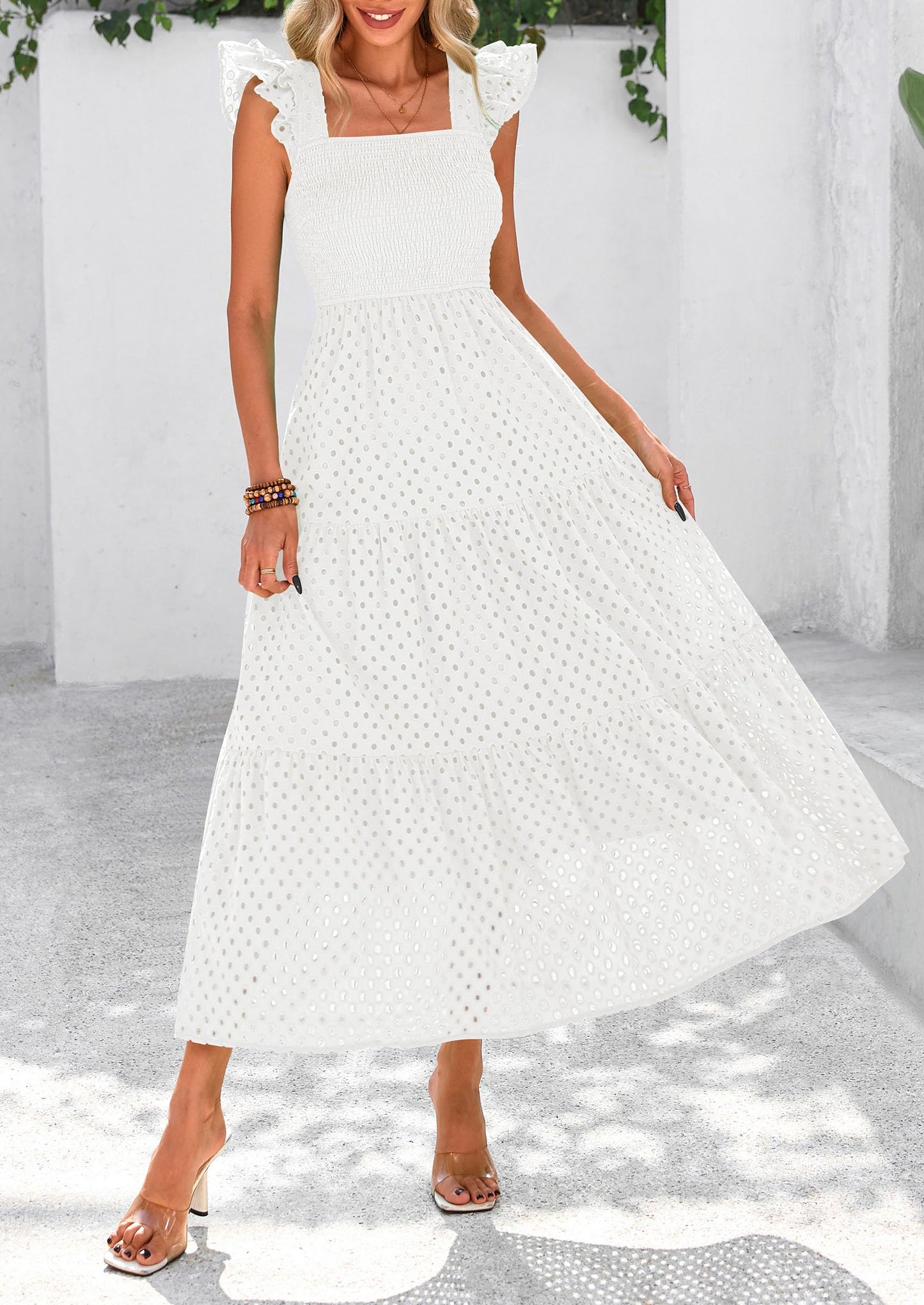 Womens Summer Square Neck Maxi Dresses Cap Sleeve Eyelet Smocked Tiered A Line Flowy Long Dress with Pockets