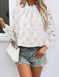 Womens Blouses Dressy Casual Embroidered Long Puff Sleeve Shirts Ruffle Eyelet Lace Top Fall Clothes