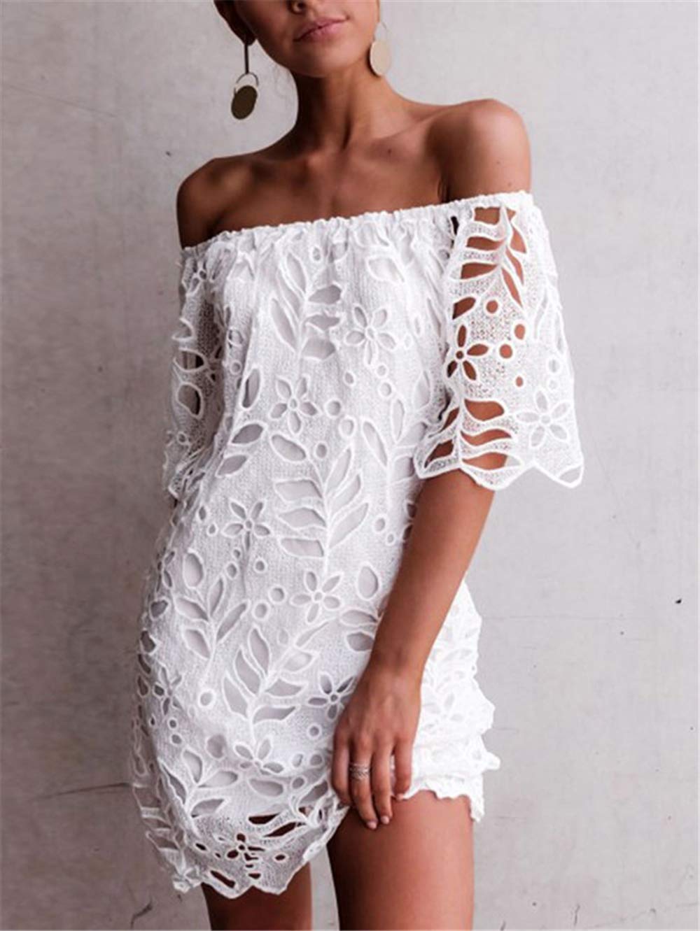 Women's Summer Off Shoulder Vintage Floral Lace Flare Short Sleeve Loose Elegant Mini Dress