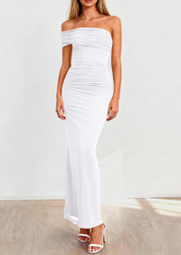 PRETTYGARDEN Women's Wedding Guest Cocktail Dresses One Off The Shoulder Ruched Bodycon Formal Maxi Party Summer Outfits PRETTYGARDEN