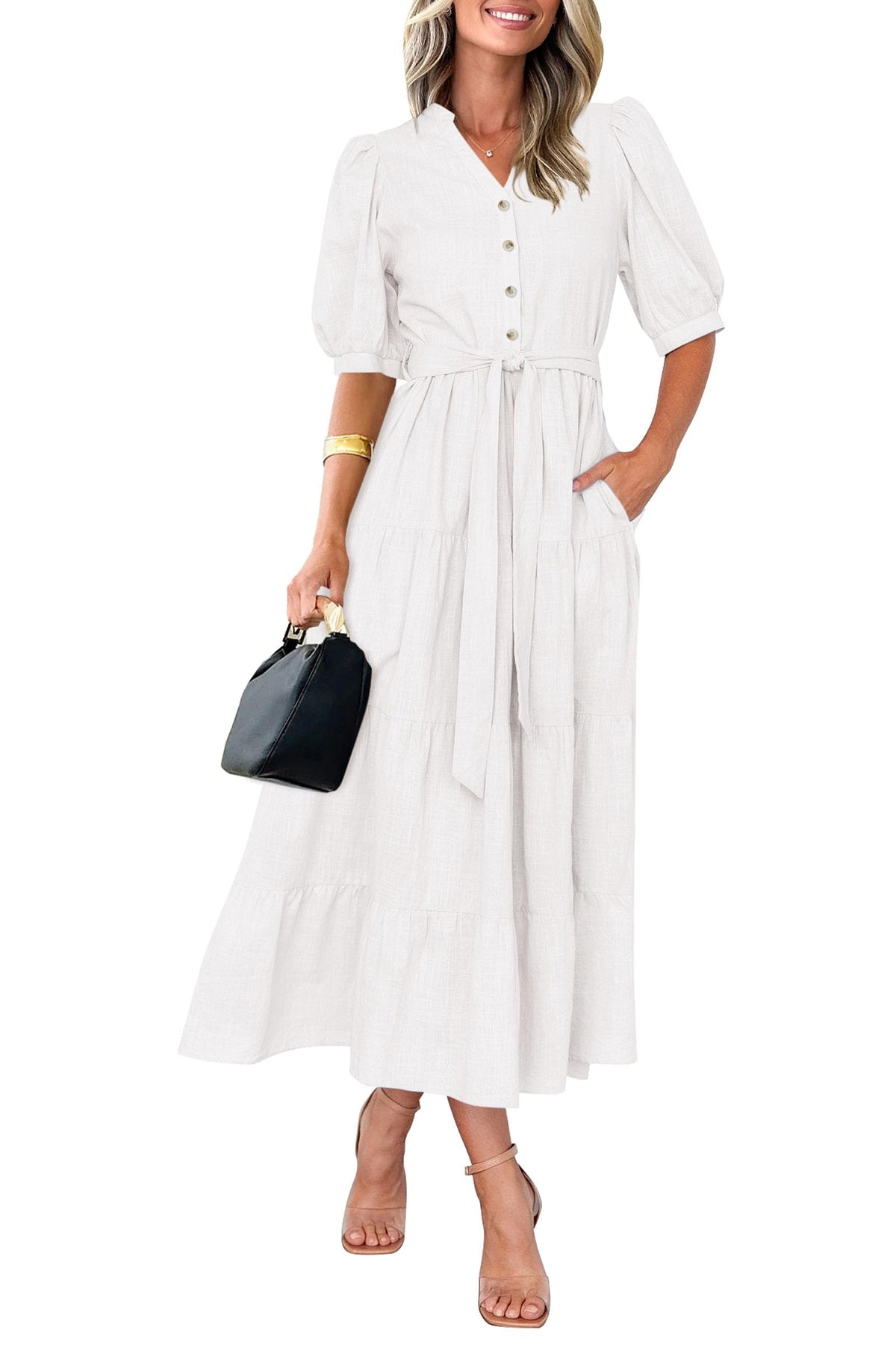 Women's Summer Midi Dress 2025 Casual Short Sleeve V Neck Buttons Belted Ruffle A Line Flowy Dress with Pockets