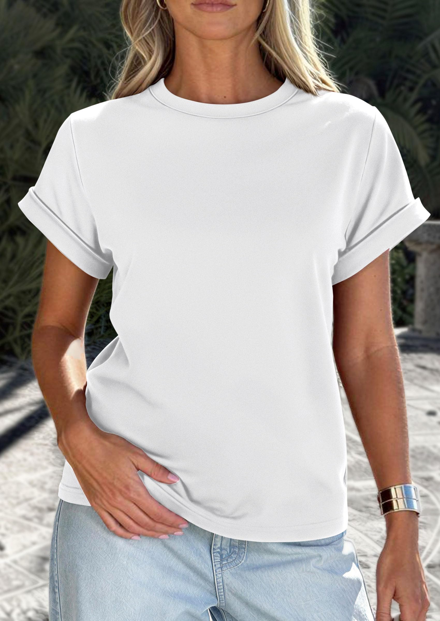 PRETTYGARDEN Womens Summer Tops Spring Casual Rolled Short Sleeve Basic Tees Crew Neck Work Shirts Fashion Clothing PRETTYGARDEN