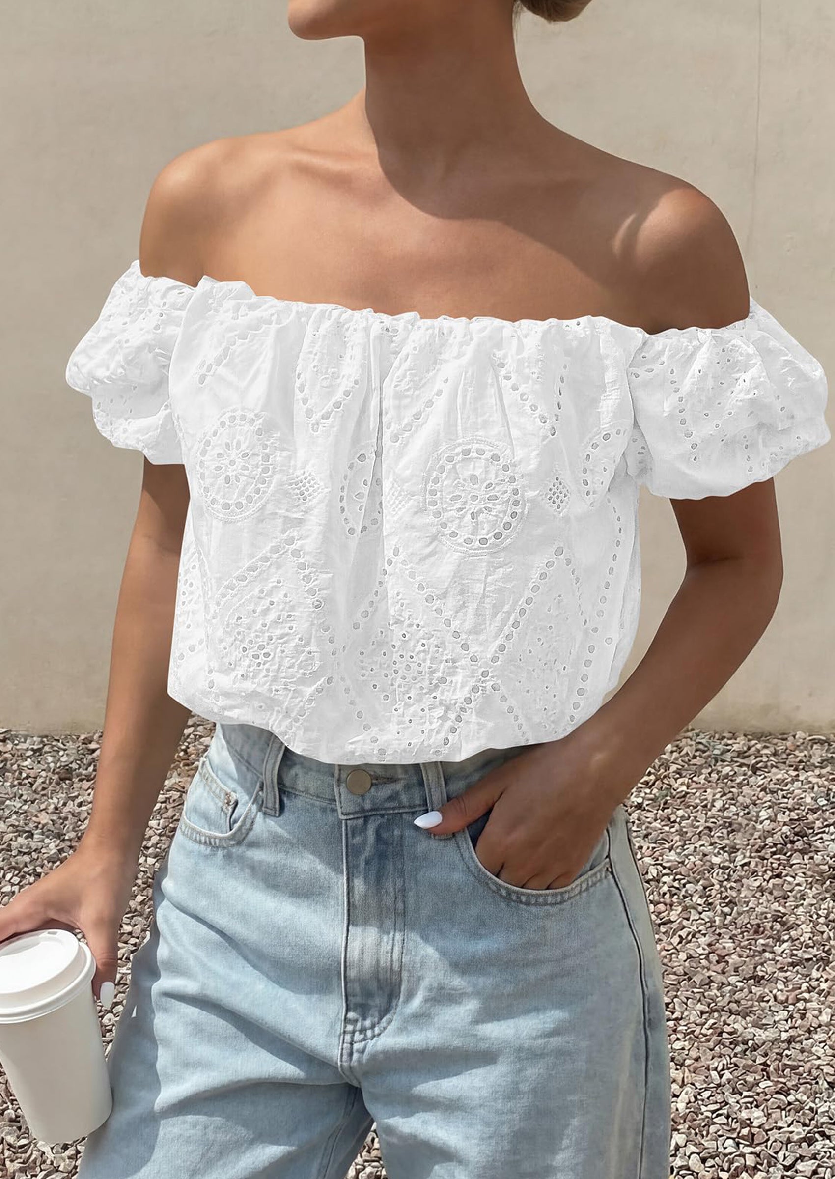 PRETTYGARDEN Women's Summer Off The Shoulder Tops Dressy Casual Puff Short Sleeve Embroidered Eyelet Cute Blouse Shirts PRETTYGARDEN