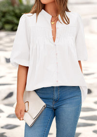 Women's 2025 Summer Short Lantern Sleeve Tops Loose Fit Button Down Shirt Casual Pleated V Neck Blouses