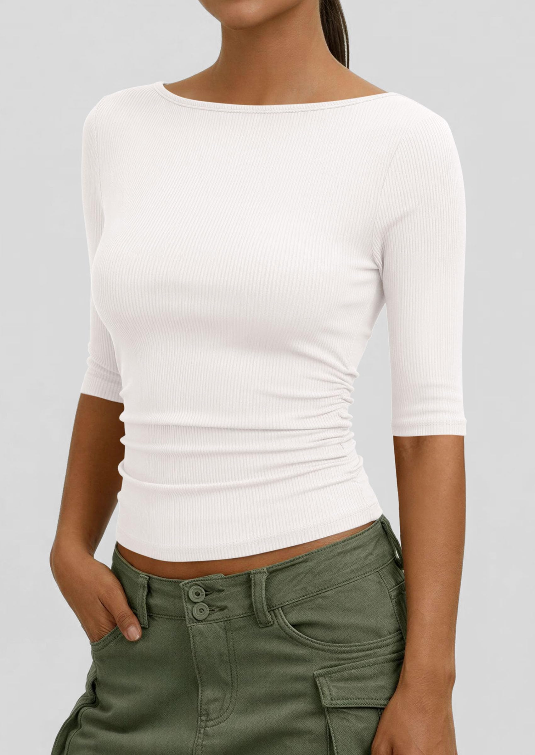 PRETTYGARDEN Womens Summer Short Sleeve Tops Boat Neck Ribbed Knit Slim Fit T Shirt Casual Basic Top Spring Clothes PRETTYGARDEN