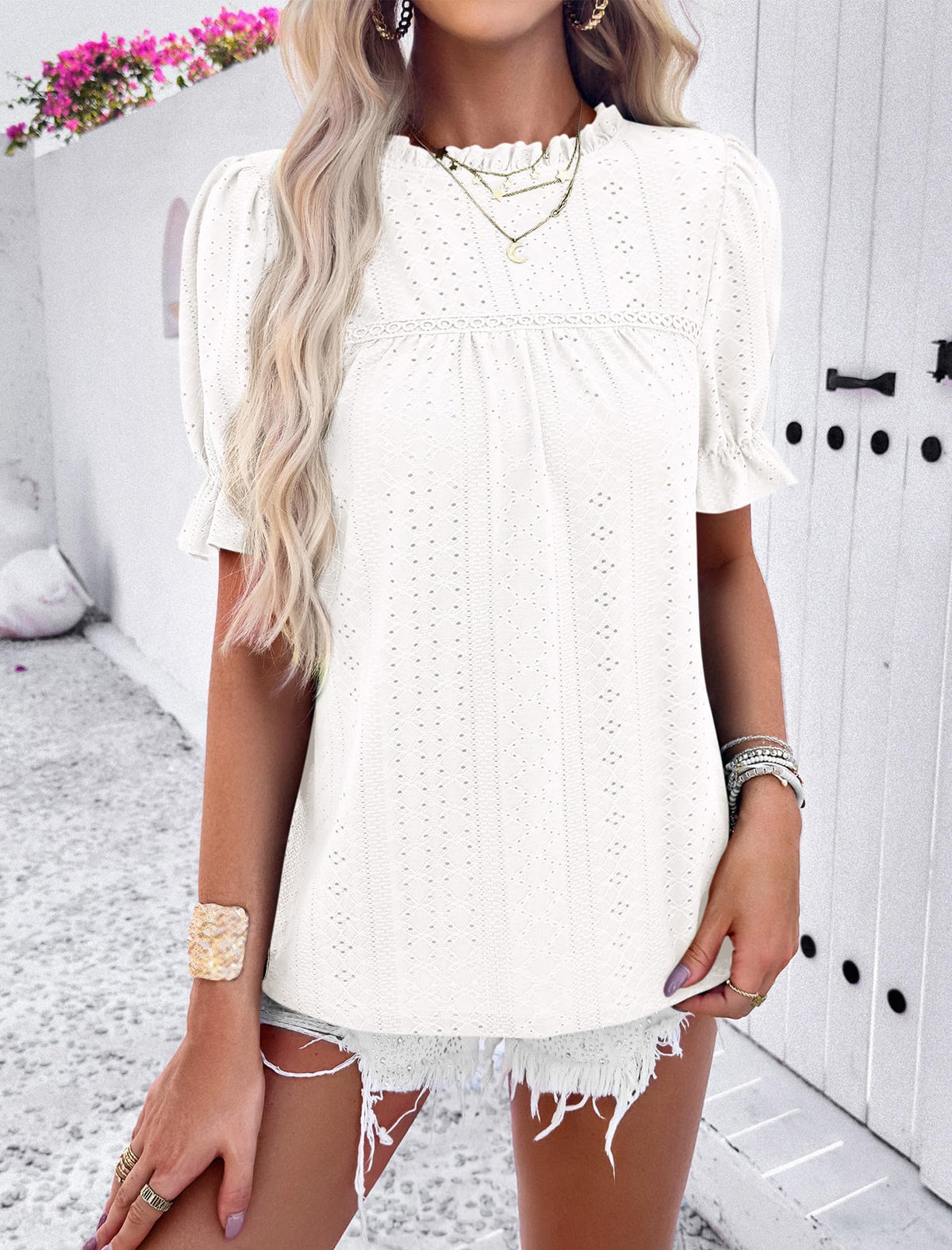 Casual Crew Neck Ruffle Short Sleeve Eyelet Babydoll Blouse