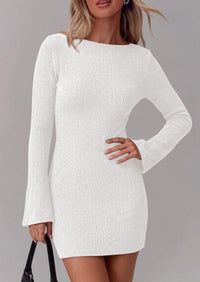 PRETTYGARDEN Womens Fall Bell Long Sleeve Mini Dress 2026 Casual Boat Neck Ribbed Bodycon Short Party Cocktail Dresses