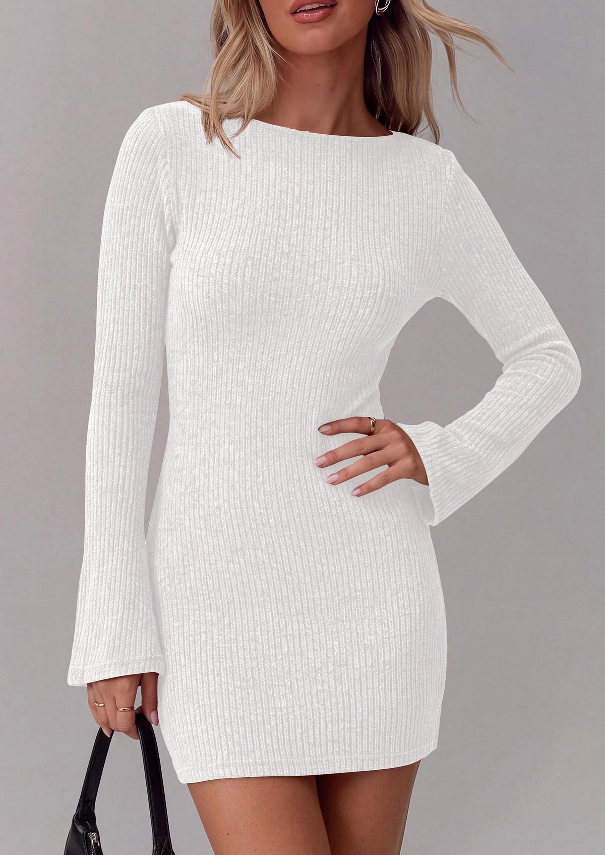 PRETTYGARDEN Womens Fall Bell Long Sleeve Mini Dress 2026 Casual Boat Neck Ribbed Bodycon Short Party Cocktail Dresses